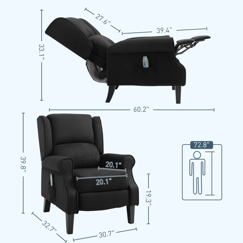 HOMCOM Vibration Massage Recliner Chair for Living Room with Heat,  Wingback Single Sofa, Modern Suede Fabric Push Back Reclining Chair with Footrest, Side Pocket, Black