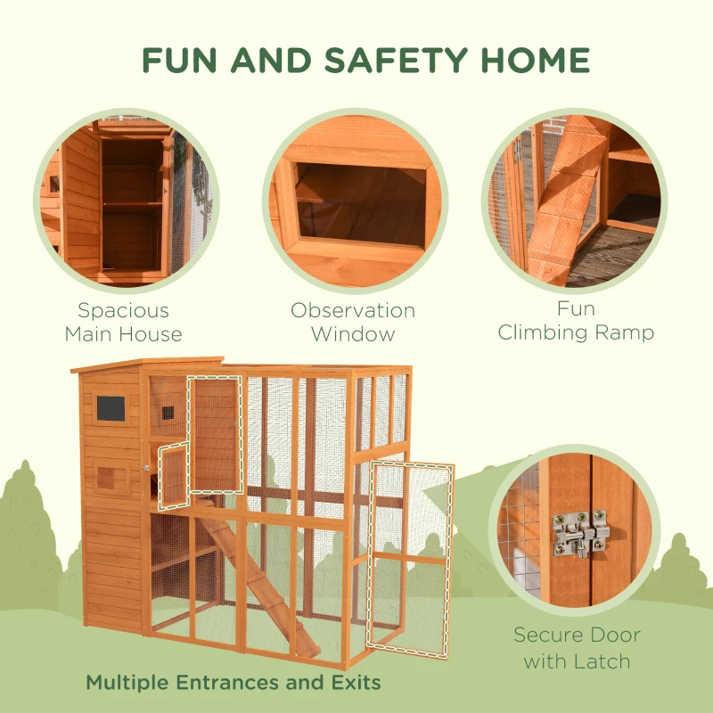 PawHut Wooden Outdoor Catio with Platforms, Asphalt Roof, Ramps, Natural