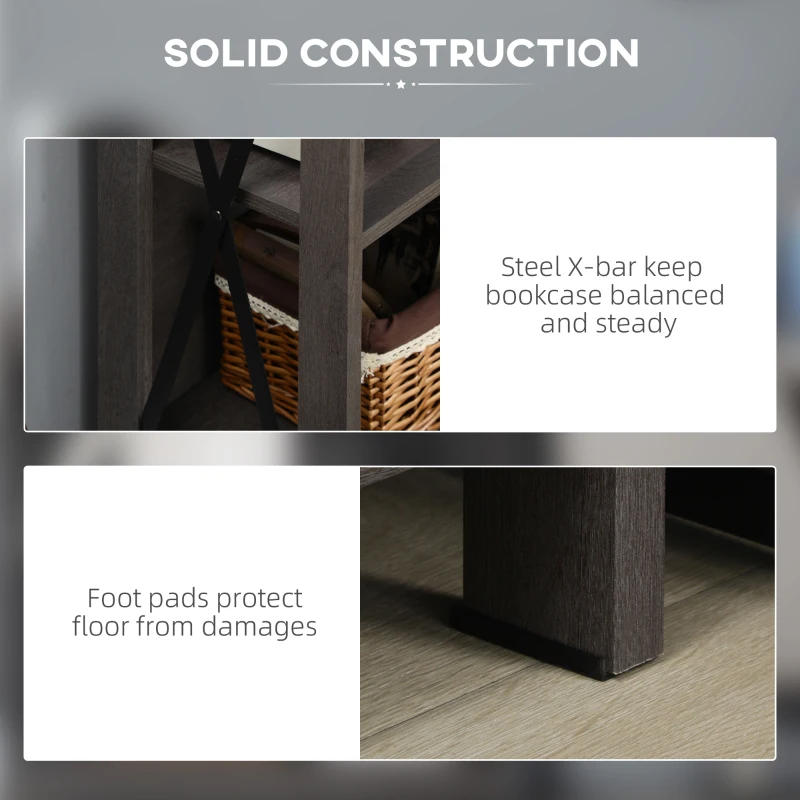 HOMCOM Industrial Style Corner Open Bookshelf with Storage Shelves and Metal X Bar Frame for Living Room, Dark Gray