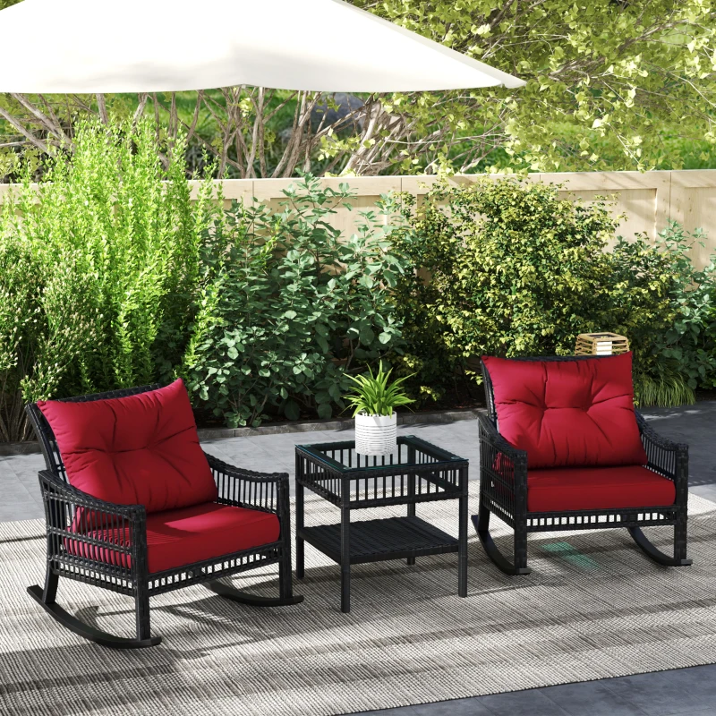 Outsunny 3 Pieces Outdoor PE Rattan Rocker Chair Set, Rocking Chair with Tempered Glass Table Top, 25"x26"x28", Red