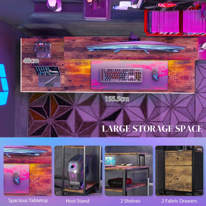 HOMCOM 61" Computer Table with LED Lights, PC Desk with Power Outlets, USB Ports, Storage, Wireless Remote, Rustic Brown