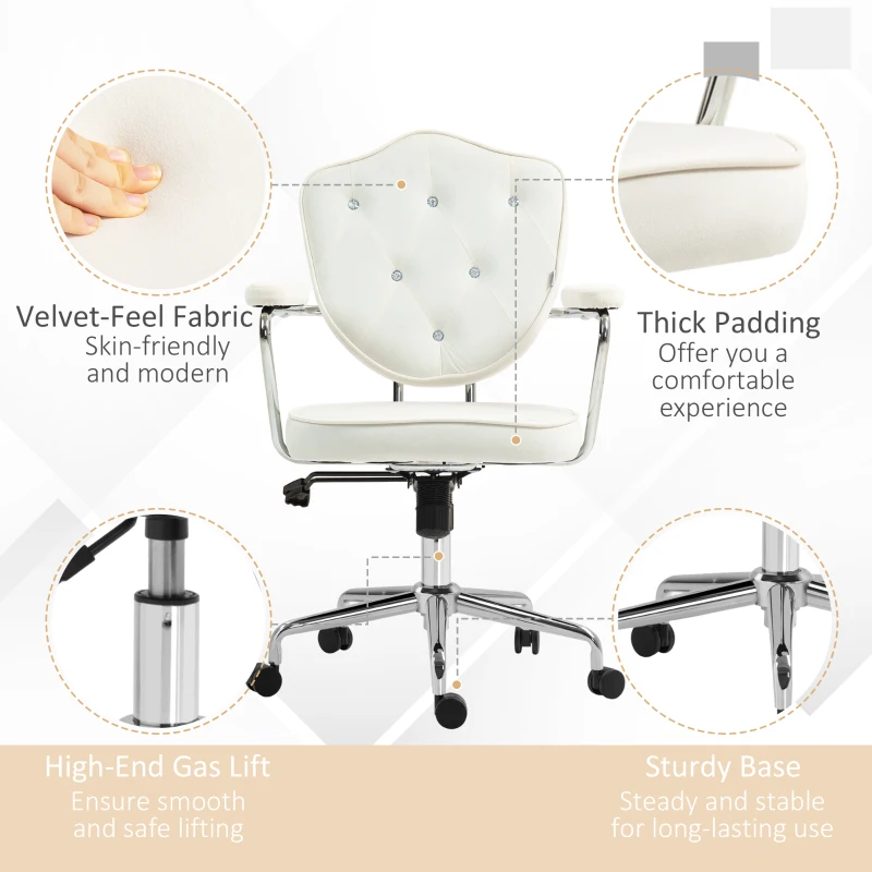 HOMCOM Cute Office Chair, Desk Chair with Button Tufted Velvet-Feel Fabric, Swivel Computer Vanity Chair, Cream White