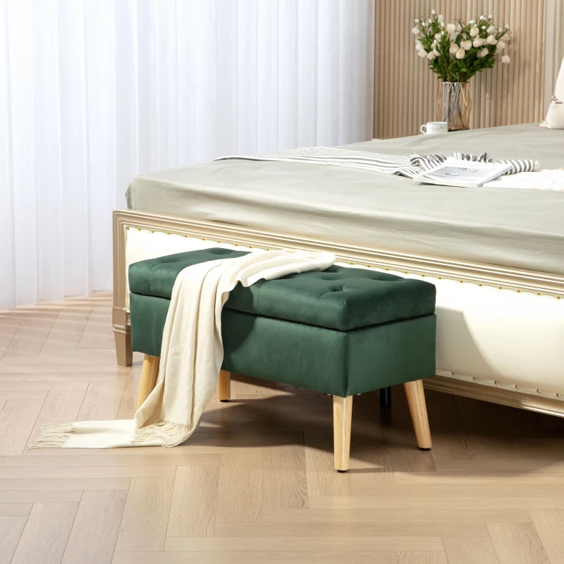 HOMCOM Storage Ottoman with Lid, Velvet Upholstered Storage Bench with Wood Legs for Living Room, Dark Green