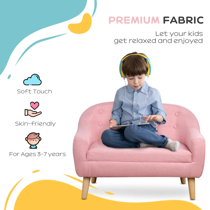 Qaba 2-Seat Linen Fabric and Wooden Frame Sofa Couch for Kids and Toddlers Ages 3-7, 11" High Seat, Pink