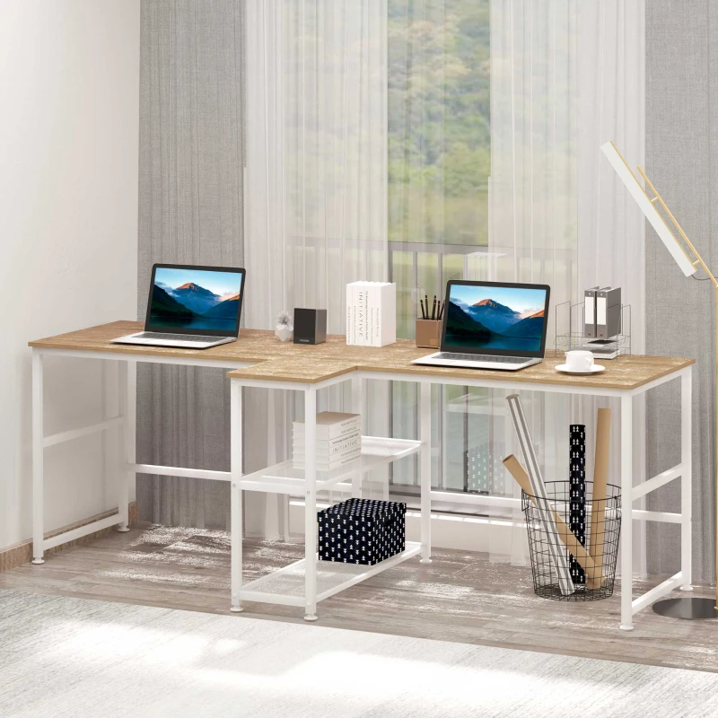 HOMCOM 83" Two Person Computer Desk with 2 Storage Shelves, Double Desk Workstation with Book Shelf,  Long Desk Table for Home Office, Natural