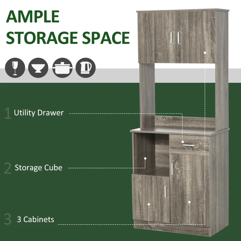 HOMCOM Kitchen Pantry Storage Cabinet with Microwave Stand, Buffet with Hutch, Door Cupboards, Drawer and Adjustable Shelves, Gray