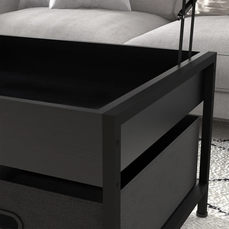 HOMCOM Industrial Coffee Table, Lift Top Coffee Table with Storage, Live Edge Coffee Table with Open Shelves and Fabric Boxes