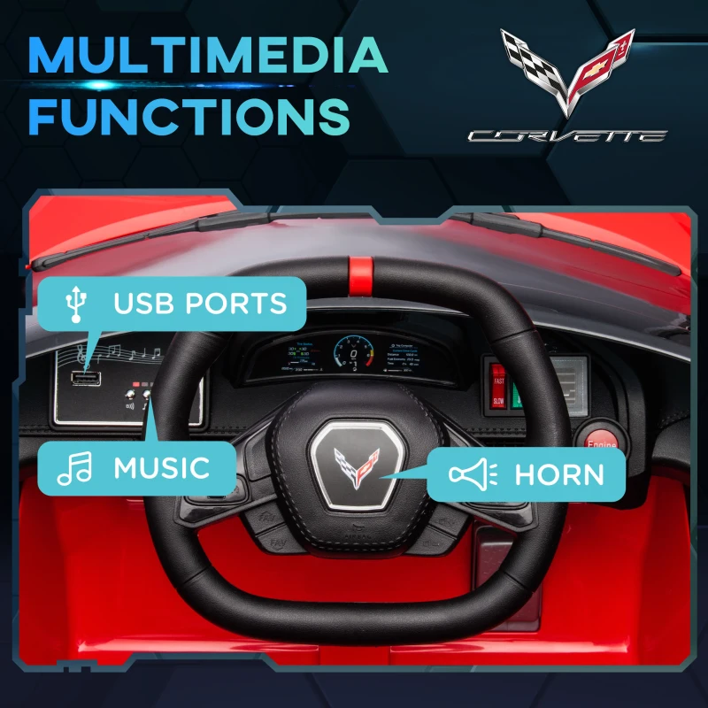 Qaba 12V Kids Electric Car Corvette Licensed w/ Remote Control, Suspension System, Music, Headlight, Slow Start, Red