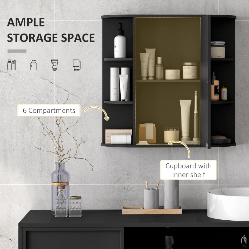 HOMCOM Mirrored Bathroom Wall Cabinet Wall Mounted Medicine Cabinet with Door & Shelves, Black