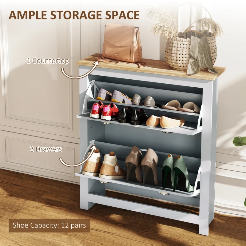 HOMCOM Entryway Shoe Cabinet with 2 Flip Drawers and Adjustable Shelves, 12 Pair Shoe Storage Organizer for Hallway, Grey
