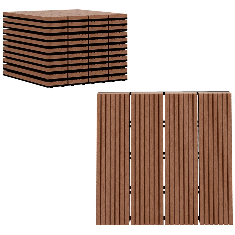 Outsunny 11 Pcs Plastic Interlocking Deck Tiles, 12" x 12" Non-slip Flooring Tiles for Indoor Outdoor Patio Balcony, Light Brown