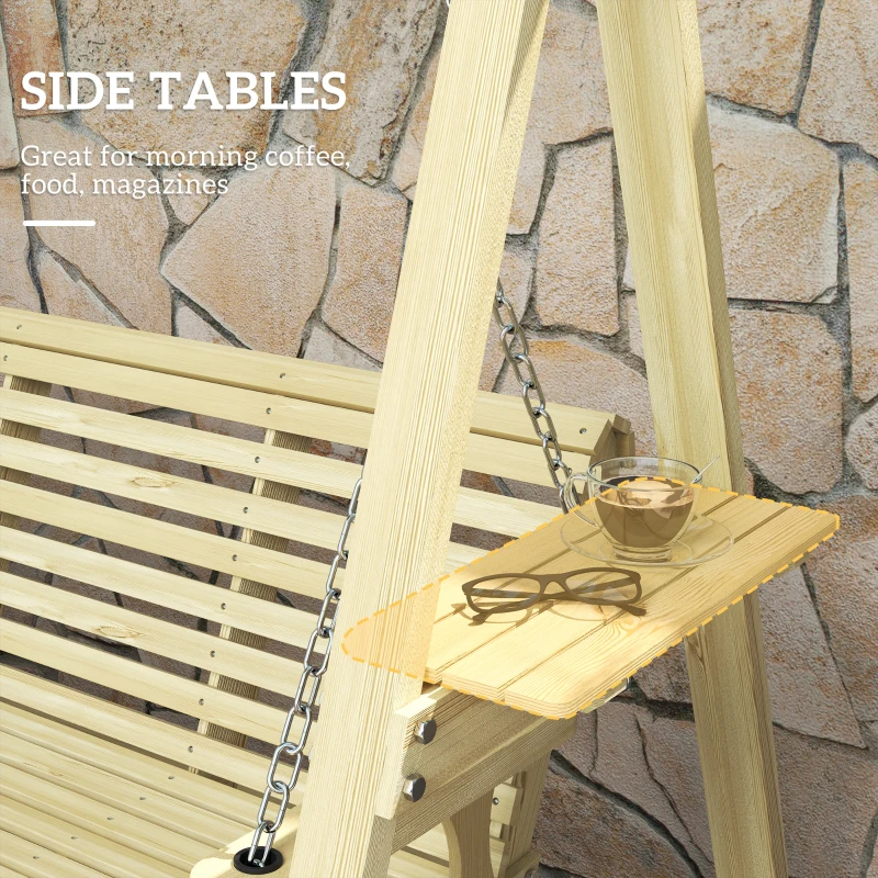 Outsunny 3 Seat Wooden Porch Swing with Stand, Patio Swing with Side Tables, for Garden, Poolside, Backyard, Natural Wood