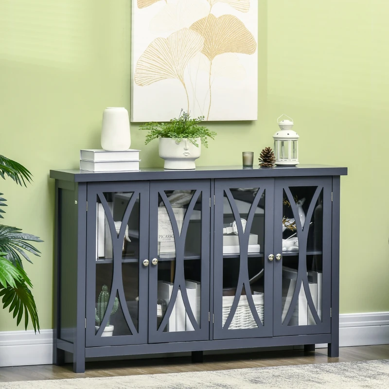 HOMCOM Sideboard, Buffet Cabinet with 4 Tempered Glass Doors, Arc Pattern and Adjustable Storage Shelf, Credenza, Gray