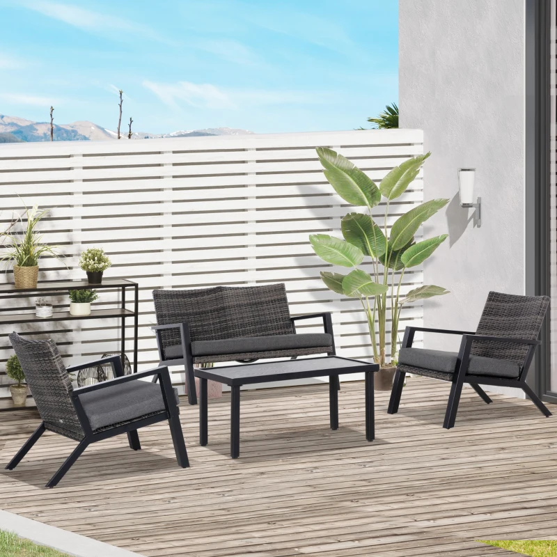 Outsunny 4 Piece Patio Furniture Set, 2 PE Wicker Chairs, Loveseat Sofa, Outdoor Coffee Table, Soft Cushions, Couch & Armchairs for Backyard, Garden, Black
