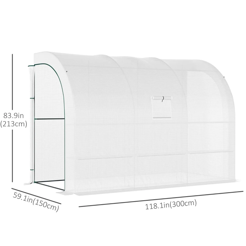 Outsunny Walk-in Wall Lean-to Greenhouse, 10' x 5' x 7' Outdoor Gardening Green House with PE Cover, Windows, Shelves and 2 Zipper Doors, White