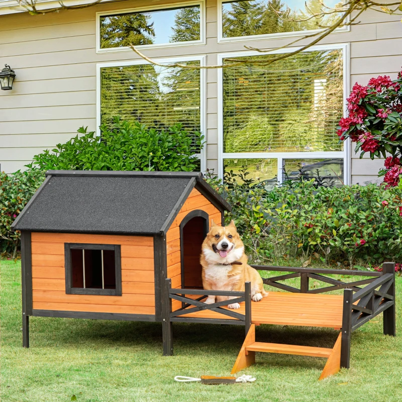 PawHut Outdoor Dog House with Porch, Wooden Dog Kennel with Water-resistant Asphalt Roof, Ladders, Fencing, Window, for Small and Medium Dog, Natural