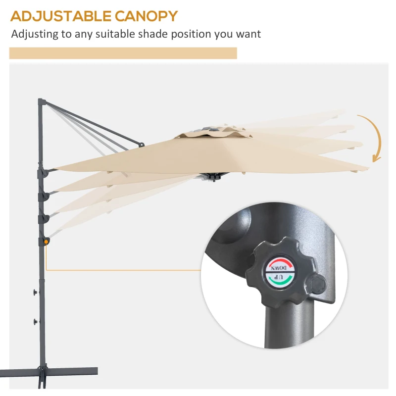 Outsunny 10 FT Cantilever Umbrella, Aluminum Hanging Offset Umbrella with 360°Rotation, Crank, Tilt, Cross Base, Khaki