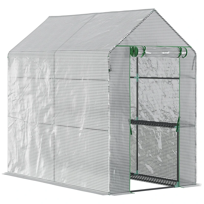 Outsunny 73" x 47" x 75" Walk-in Greenhouse Outdoor Portable Plant Flower Growth Warm House Garden Tunnel Shed with Roll-up Door and 4 Shelves, White