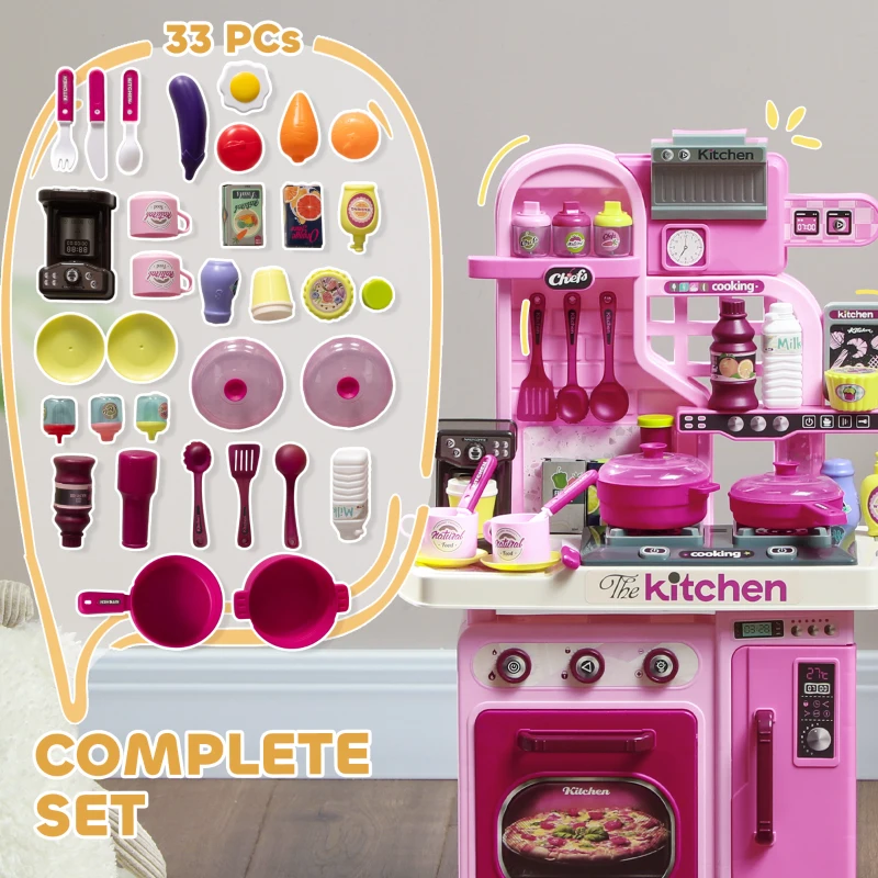 Qaba Kids Play Kitchen with Lights, Sounds, 33 Accessories & Storage for Toddler 3-6 Years