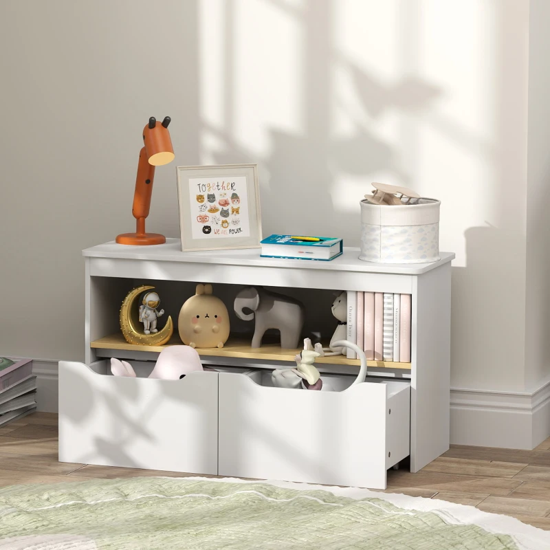 Qaba Toy Storage Organizer with 2 Drawers, Toy Shelf, Large Top, for Bedroom, Nursery, Living Room, White
