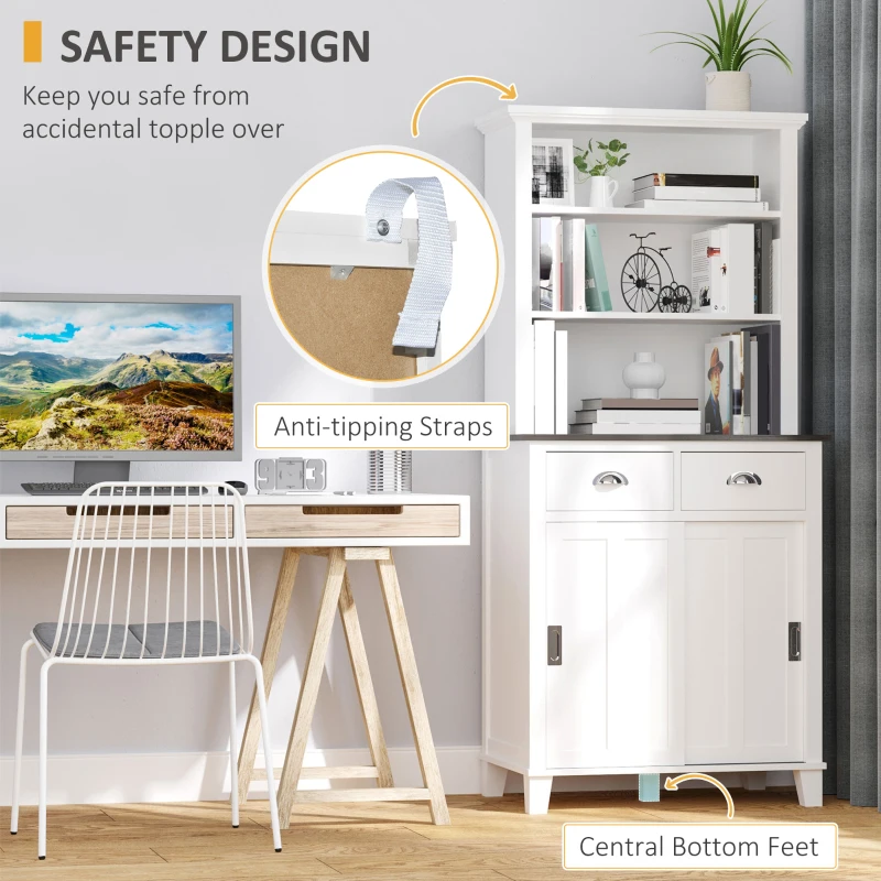 HOMCOM 67" Freestanding Buffet with Hutch, Kitchen Pantry Storage Cabinet with Sliding Doors, Drawers and Open Shelves, Adjustable Shelving, White