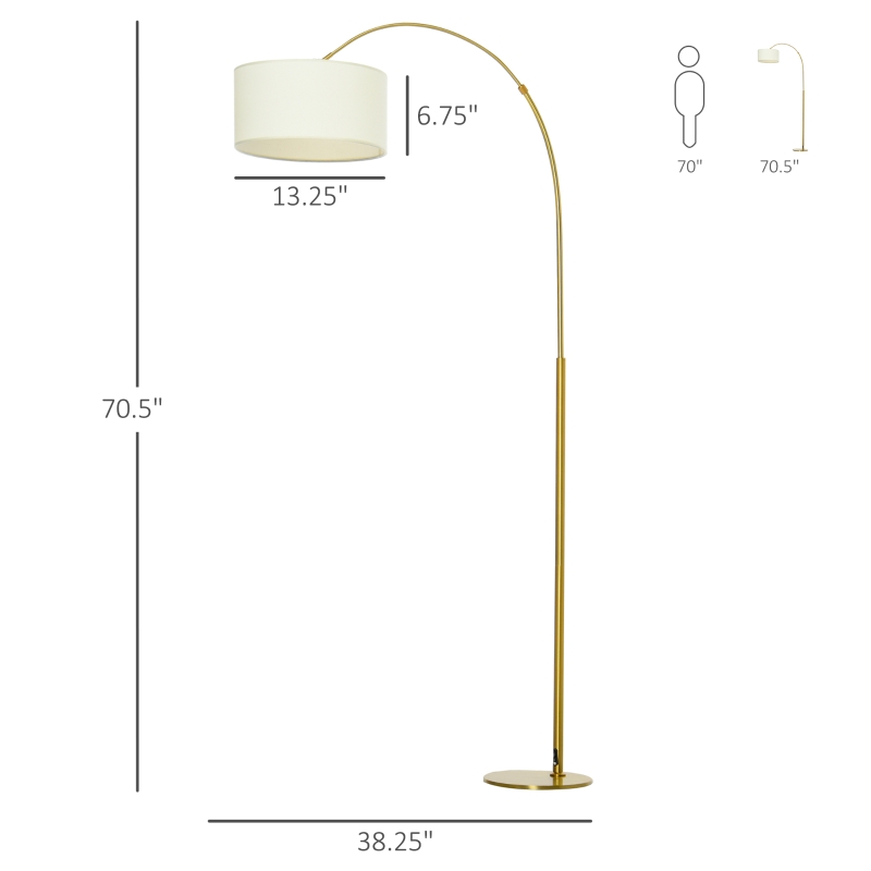 HOMCOM 6FT Arch Shape Floor Lamp with 180° Flexible Lampshade, Adjustable Pole, and Metal Round Base, Cream White