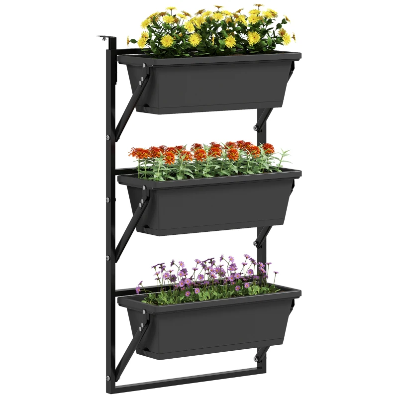 Outsunny 3-Tier Wall-Mounted Planter Box with 3 Pots, Vertical Planters for Outdoor Plants, Dark Grey