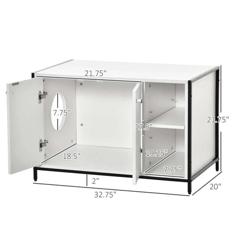 PawHut Large Cat Litter Box Enclosure, Litter Box Furniture Hidden with Magnetic Doors & Storage Shelves, Wooden Cat Washroom Indoor, 33" L x 20" W x 22" H, White