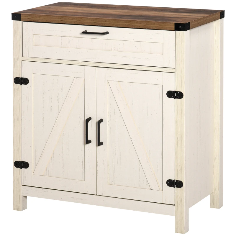 HOMCOM Farmhouse Kitchen Storage Cabinet, Sideboard Buffet Cabinet with 2 Rustic Barn Doors and Drawer, White
