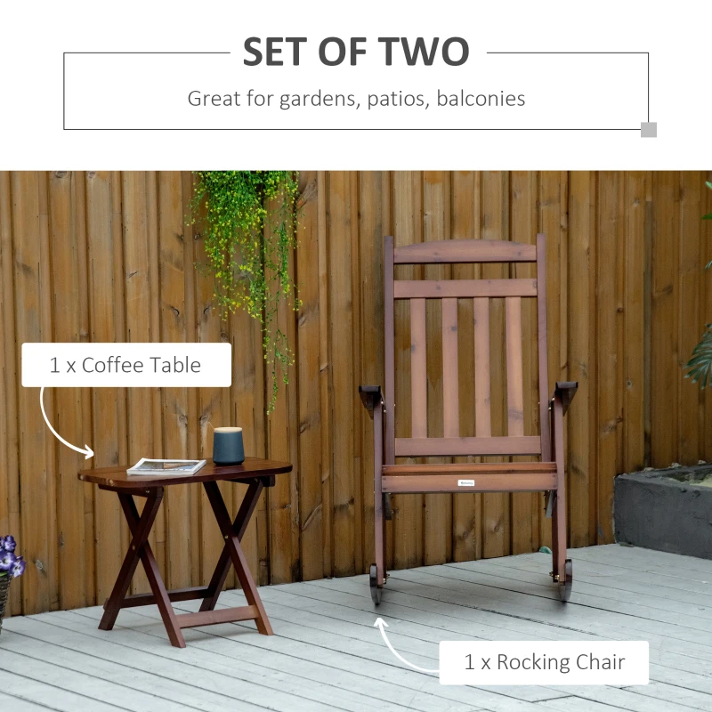 Outsunny 2 Pieces Wood Patio Bistro Set, Outdoor Rocking Chair Set with Armrests and High Back Rocking Chair and Portable Side Table, for Indoor, Outdoor, Patio, Backyard, Brown
