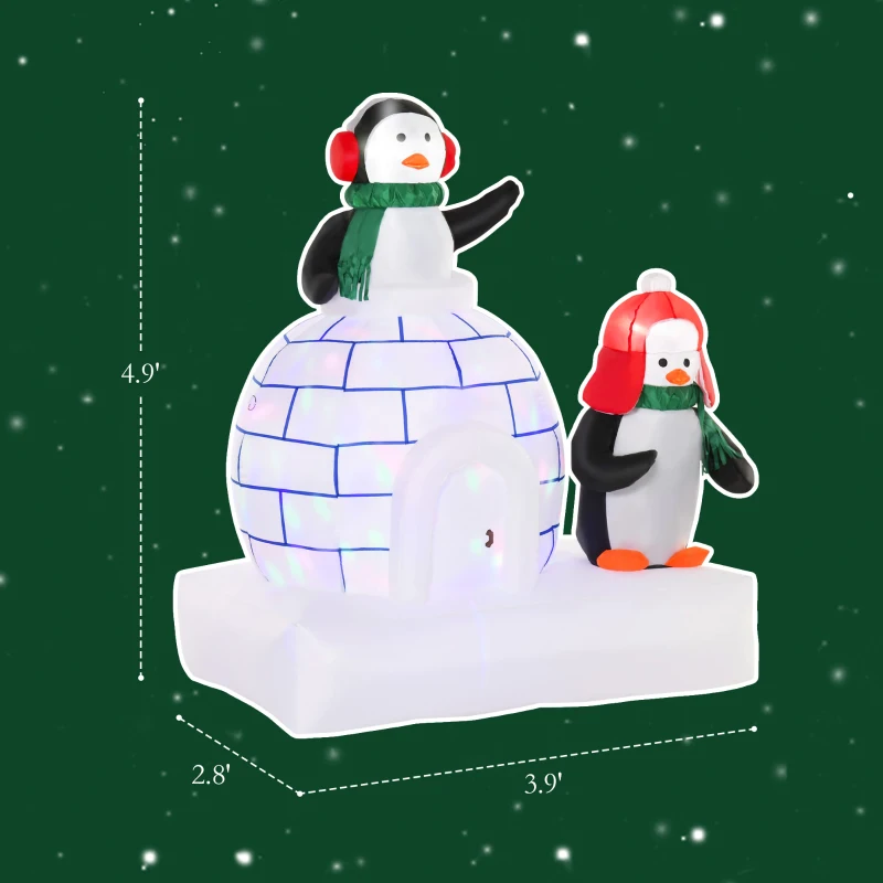 HOMCOM 5 ft Lighted Christmas Inflatables Outdoor Decorations Penguins with a Scarf and Igloo, Rotating Colorful Light, Holiday Yard Christmas Decor