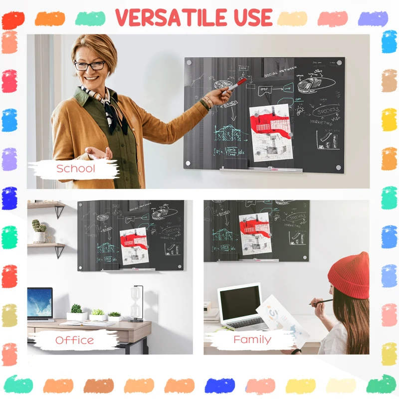 Vinsetto 35.5" x 23.5" Glass Magnetic Dry Erase Blackboard, Frameless Board on Wall, with Dry Eraser, 4 Markers, and Pen Holder, Black