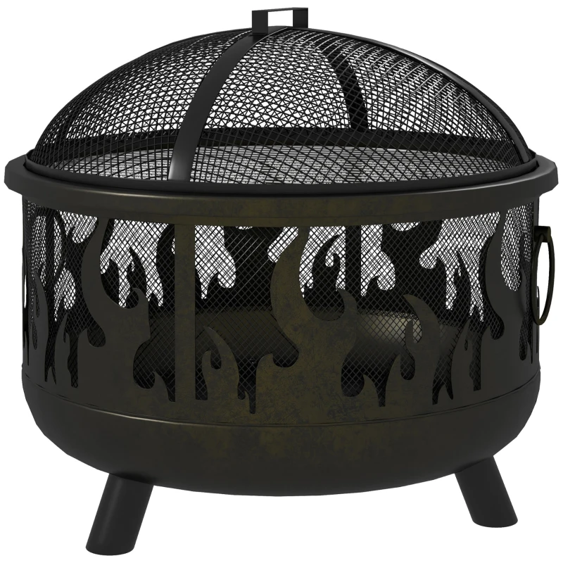 Outsunny Outdoor Metal Fire Pit, 24" Round Firepit Bowl w/ Lid Grill Poker Handles for Garden, Camping, BBQ, Bonfire, Black