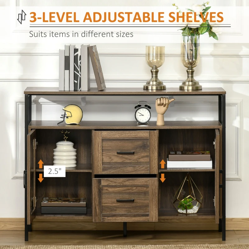 HOMCOM Industrial Sideboard Buffet Cabinet, Coffee Bar Cabinet with Adjustable Shelves, Glass Doors, and 2 Drawers for Kitchen, Living Room, Brown
