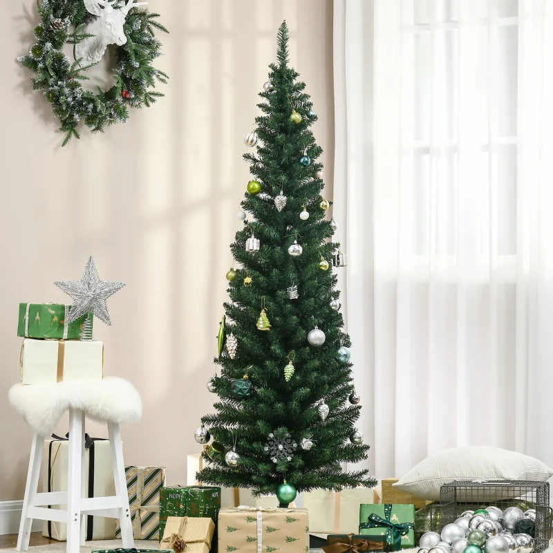 HOMCOM 6' Artificial Pencil Christmas Tree, Slim Xmas Tree with 390 Realistic Branch Tips and Plastic Stand, Green