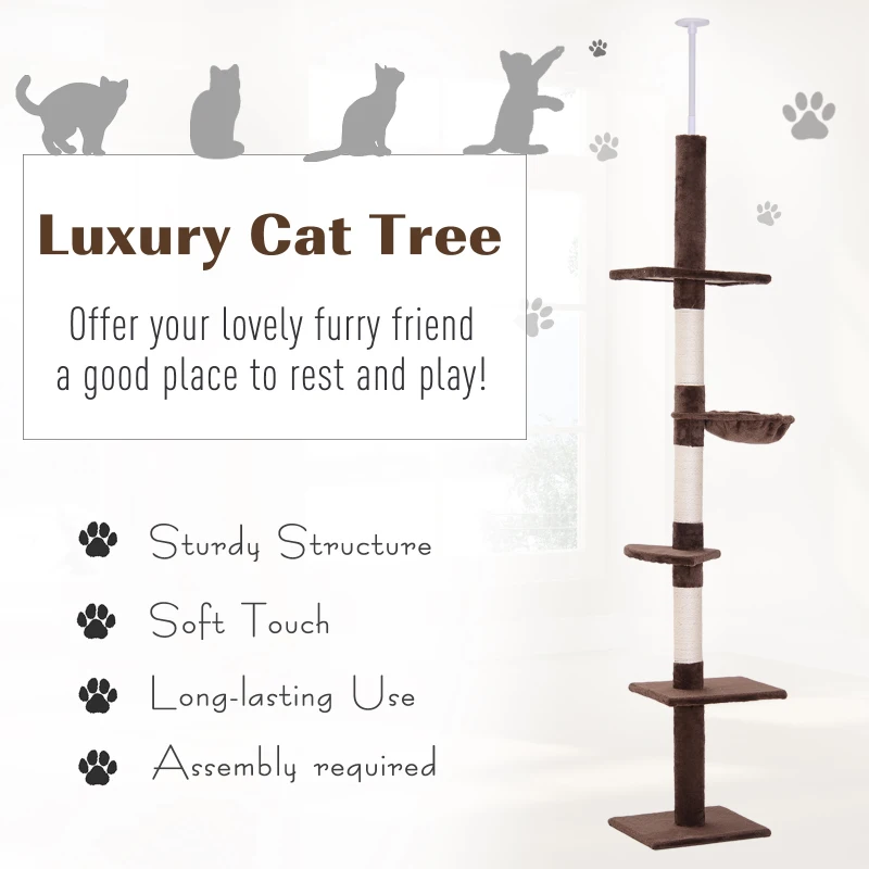 PawHut 102" Adjustable Height Floor to Ceiling Cat Tree, 5 Level Cat Tower with Scratching Posts, Hammock, Brown