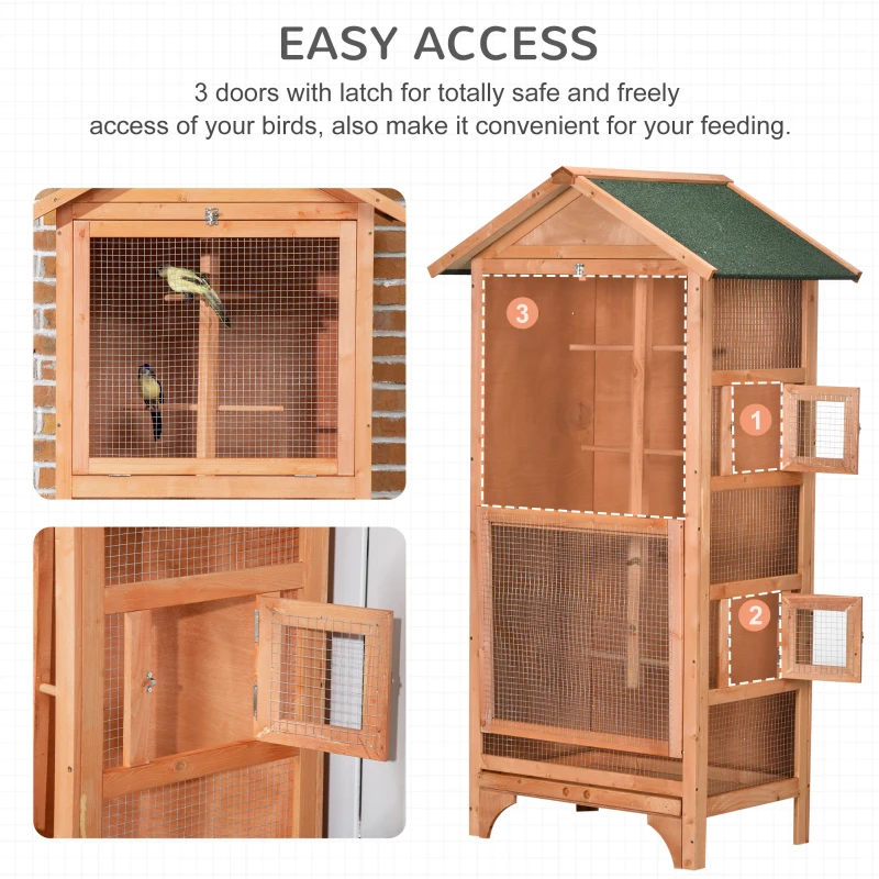 PawHut Wooden Bird Aviary Parrot Cage Pet Furniture with Removable Bottom Tray, 2 Doors, Asphalt Roof, 4 Perches, Orange