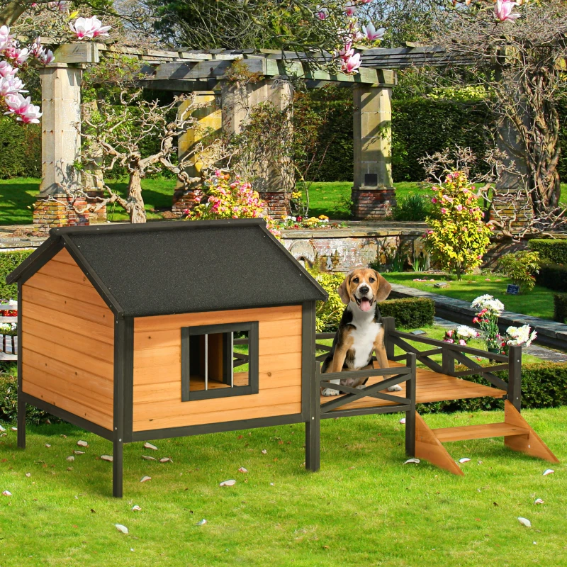 PawHut Outdoor Dog House with Porch, Wooden Dog Kennel with Water-resistant Asphalt Roof, Ladders, Fencing, Window, for Small and Medium Dog, Natural