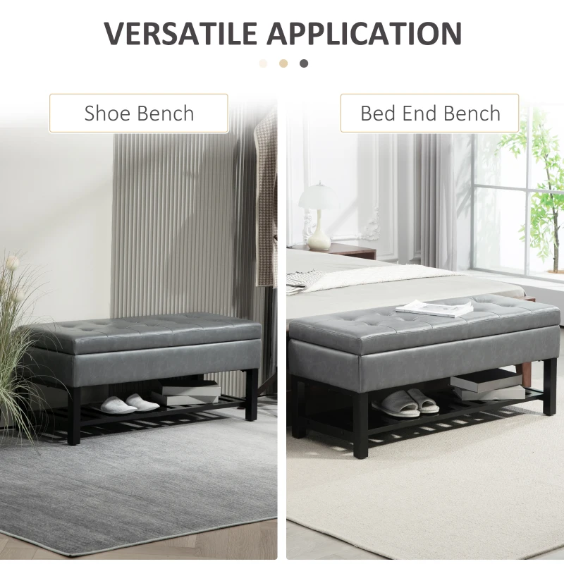 HOMCOM 44" PU Leather Tufted Ottoman Shoe Bench Storage Chest Hallway Grey