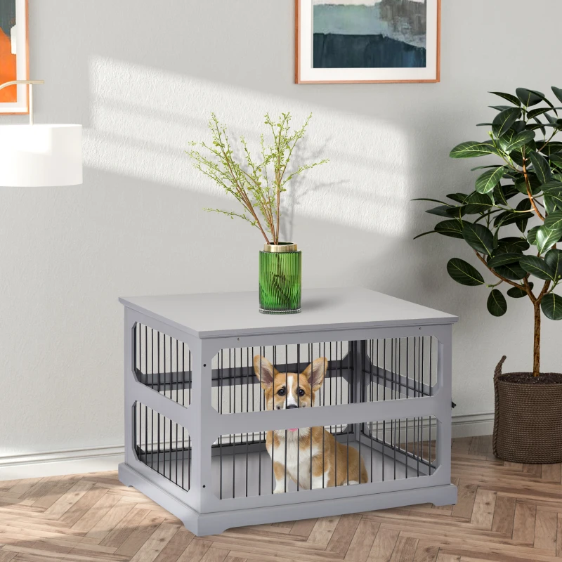 PawHut Dog Crate Furniture Decorative Cage Kennel with Strong Construction Materials & a Classic Americana Style, Grey