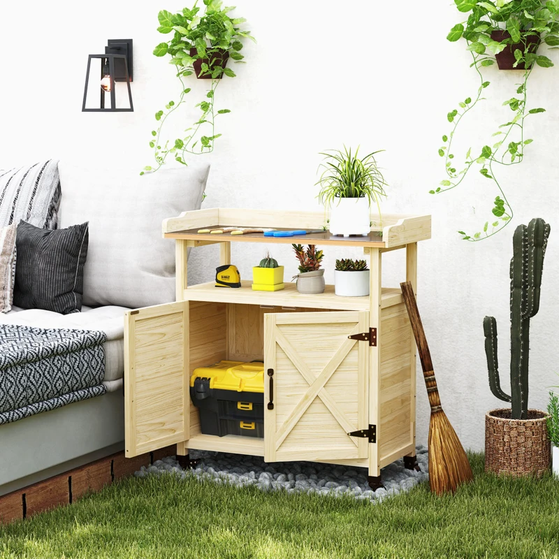 Outsunny Outdoor Wooden Potting Bench with Storage Cabinet, Aluminum Tabletop, Rubber Wheels for Backyard, Patio, Natural Wood