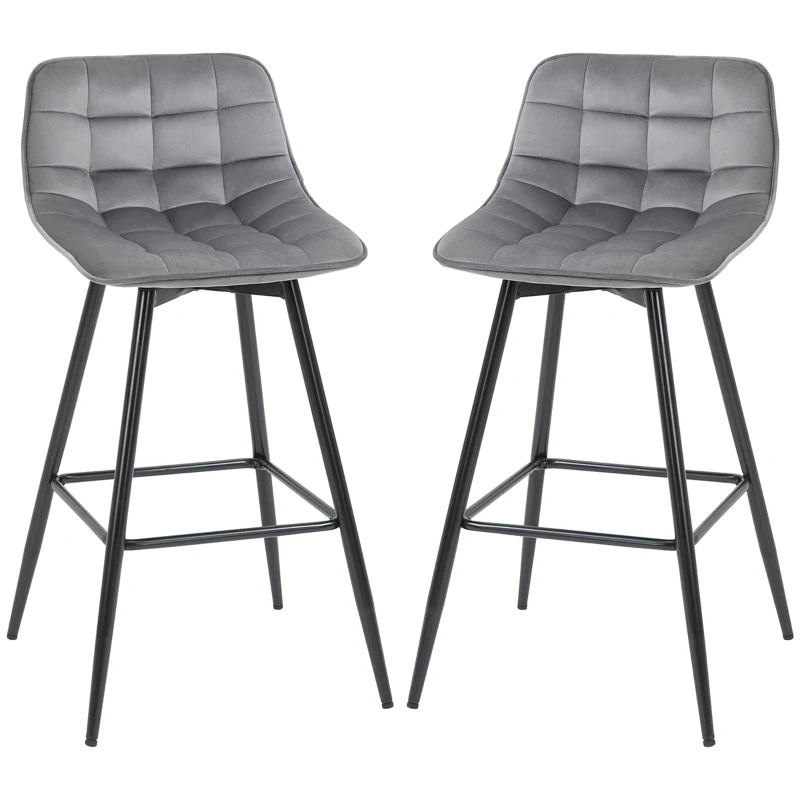 HOMCOM Bar Stools Set of 2, Fabric Upholstered Counter Height Bar Chairs, Kitchen Chairs with Back and Metal Legs, Grey