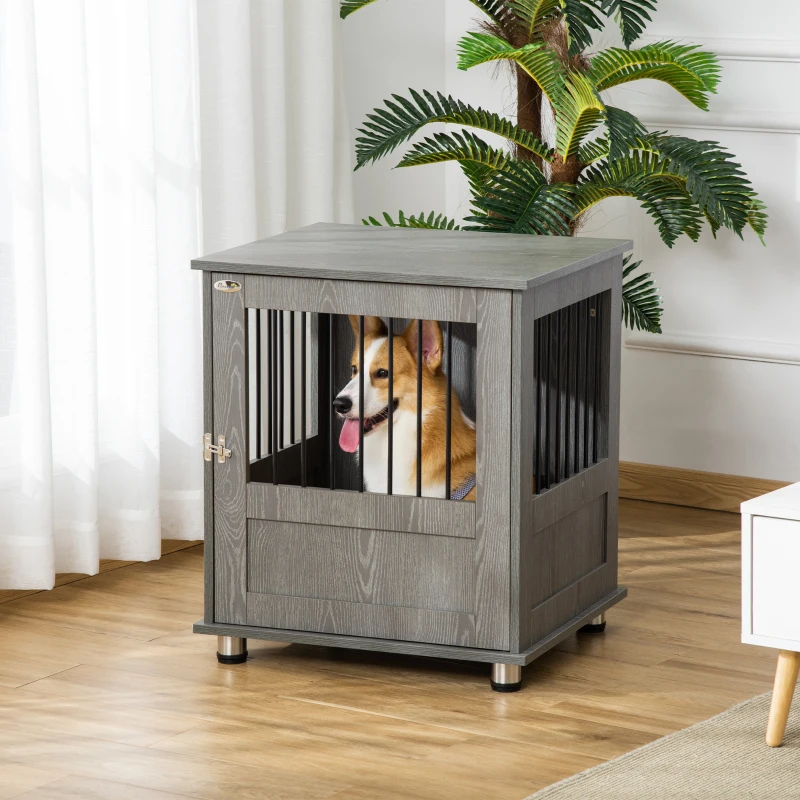 PawHut Dog Crate Furniture, Wooden End Table Furniture with Lockable Magnetic Doors, Small Size Pet Kennel Indoor Animal Cage, Gray