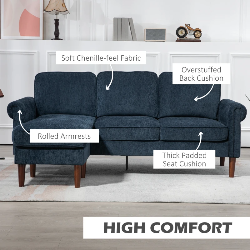 HOMCOM L Shape Sofa, Modern Sectional Couch with Changeable Chaise Lounge, Wooden Legs, Corner Sofa for Living Room, Dark Blue