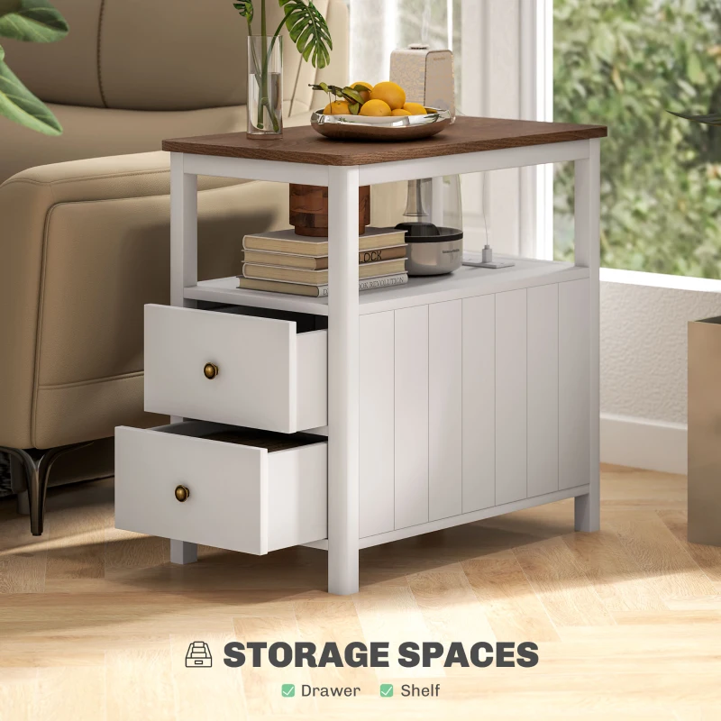 HOMCOM Side Table with Charging Station and USB Ports, Narrow End Table with Drawers, Shelf for Living Room, White