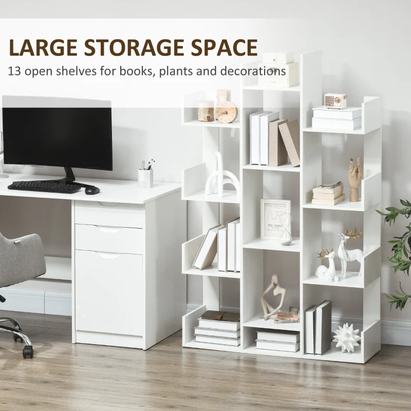 HOMCOM Tree Bookshelf, Modern Freestanding Bookcase with 13 Open Shelves, Display Unit for Living Room, Study or Office, White