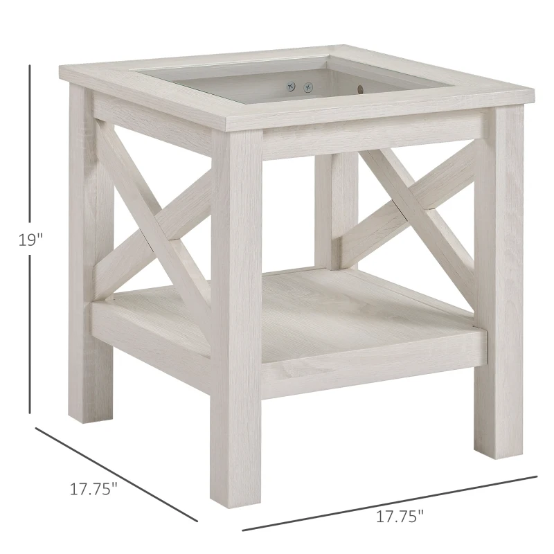 HOMCOM Coffee Table with Tempered Glass Tabletop, Living Room Table with Wood Frame and Underneath Storage Shelf, White Oak