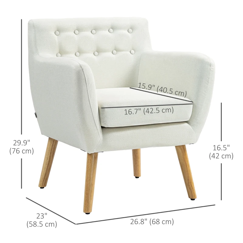 HOMCOM Linen Upholstery Armchair, Mid-Century Modern Accent Chair with Wood Frame and Thick Padding, Cream White