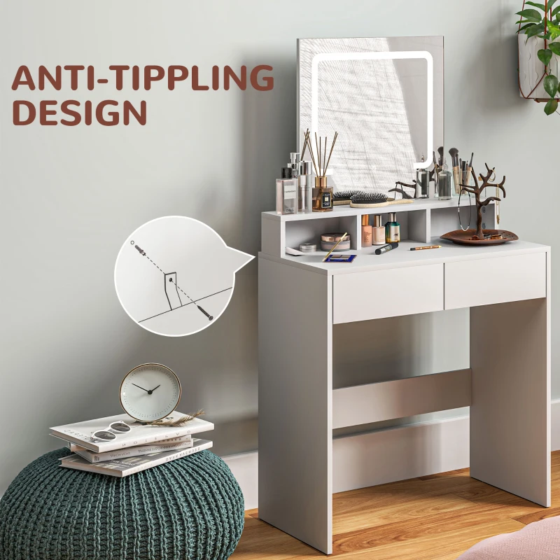 HOMCOM Makeup Vanity Desk with Mirror and LED Lights, for Bedroom, Modern Dressing Table with Drawers, Compartments, White