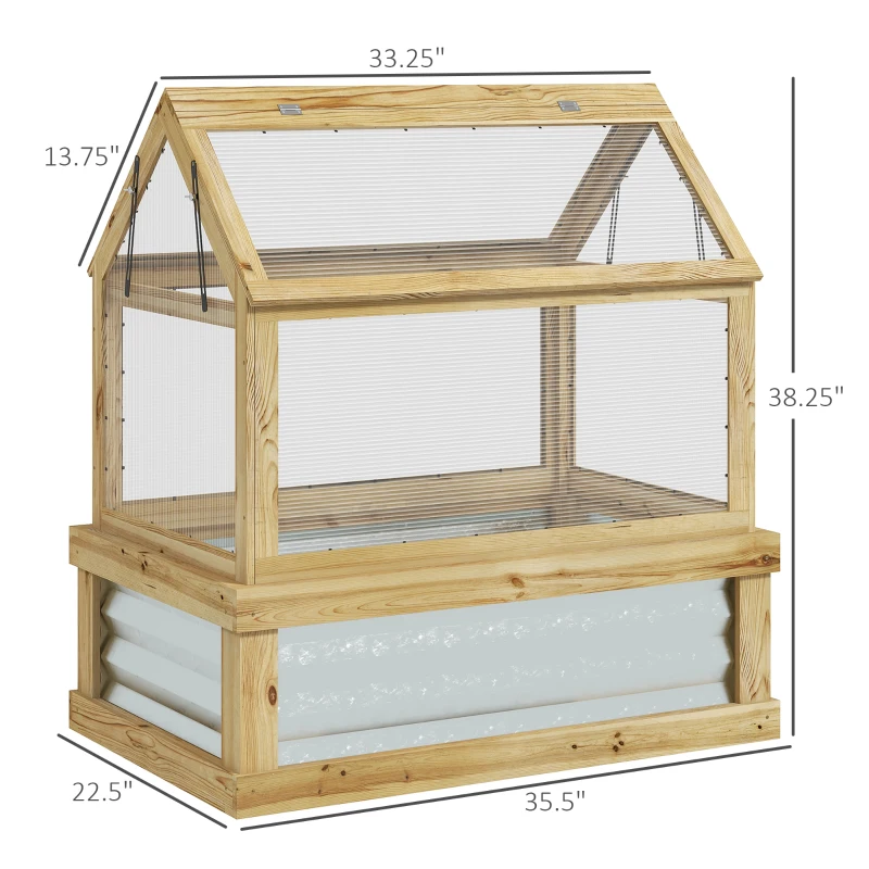 Outsunny Raised Garden Flower Bed Kit with Greenhouse, Wooden Cold Frame Planter, 35.5" x 22.5" x 38.25", Natural